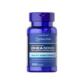 Puritan's Pride DHEA 50 mg supplement bottle, supports healthy aging and muscle strength.